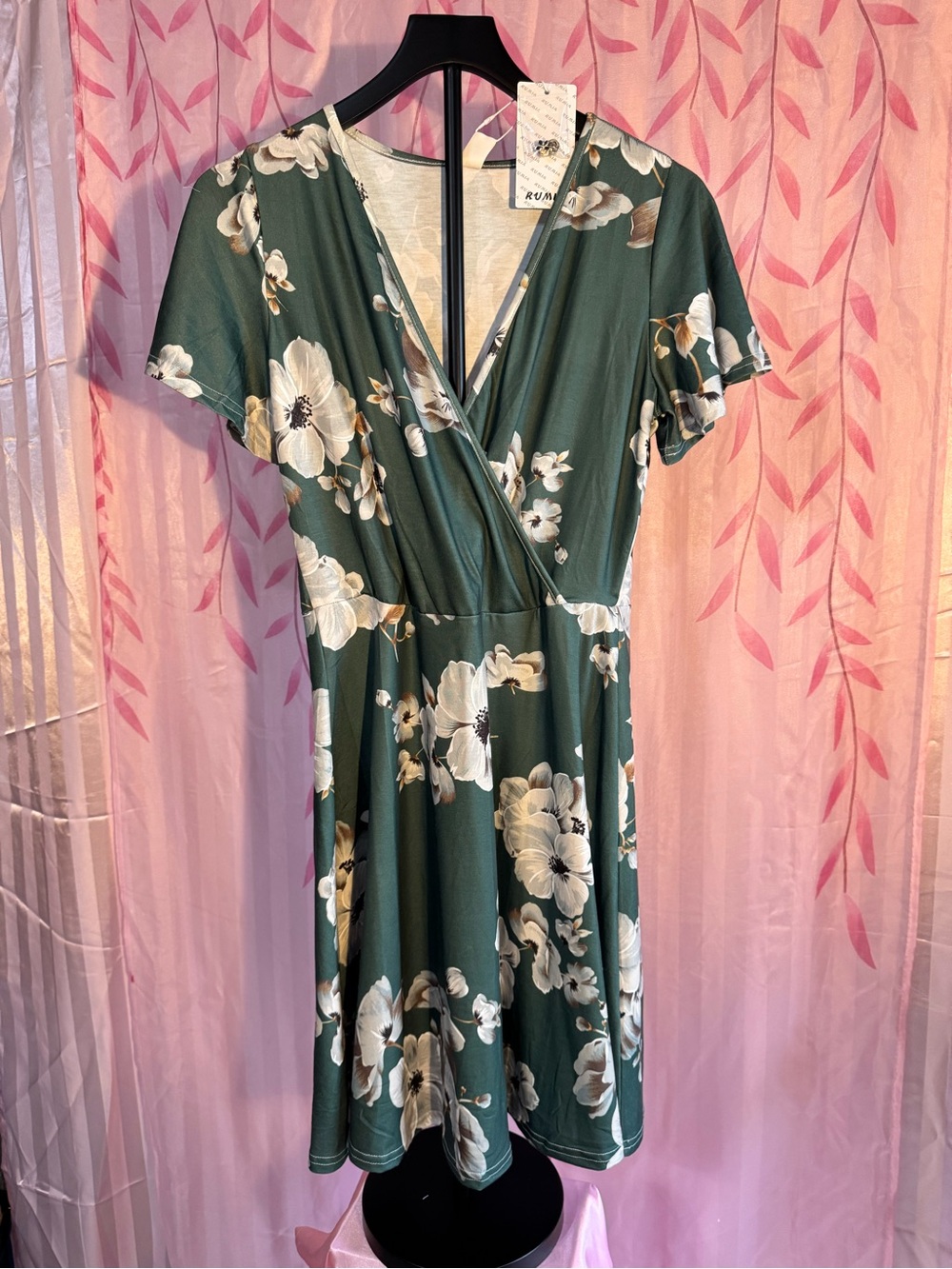 MIA Green Floral Wrap Midi Dress with Cream Flowers